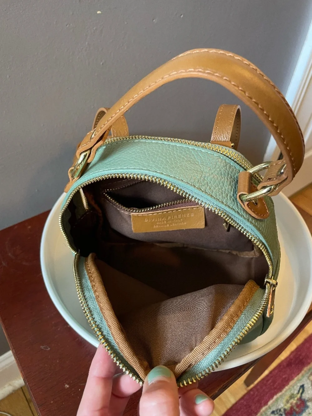 Divina Firenze Sage Green small genuine leather convertible crossbody backpack